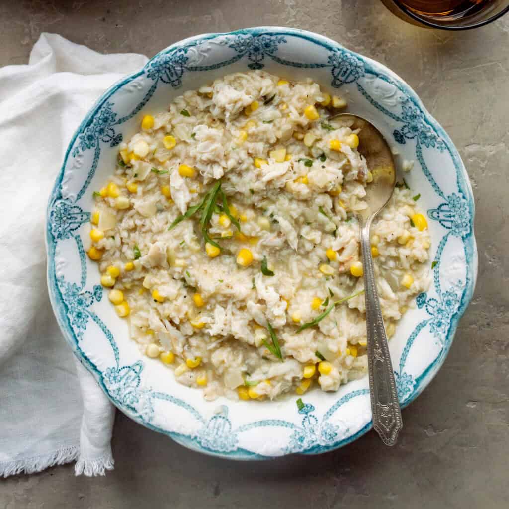 Creamy Corn and Blue Crab Middlins Risotto Recipe - Little Black Skillet