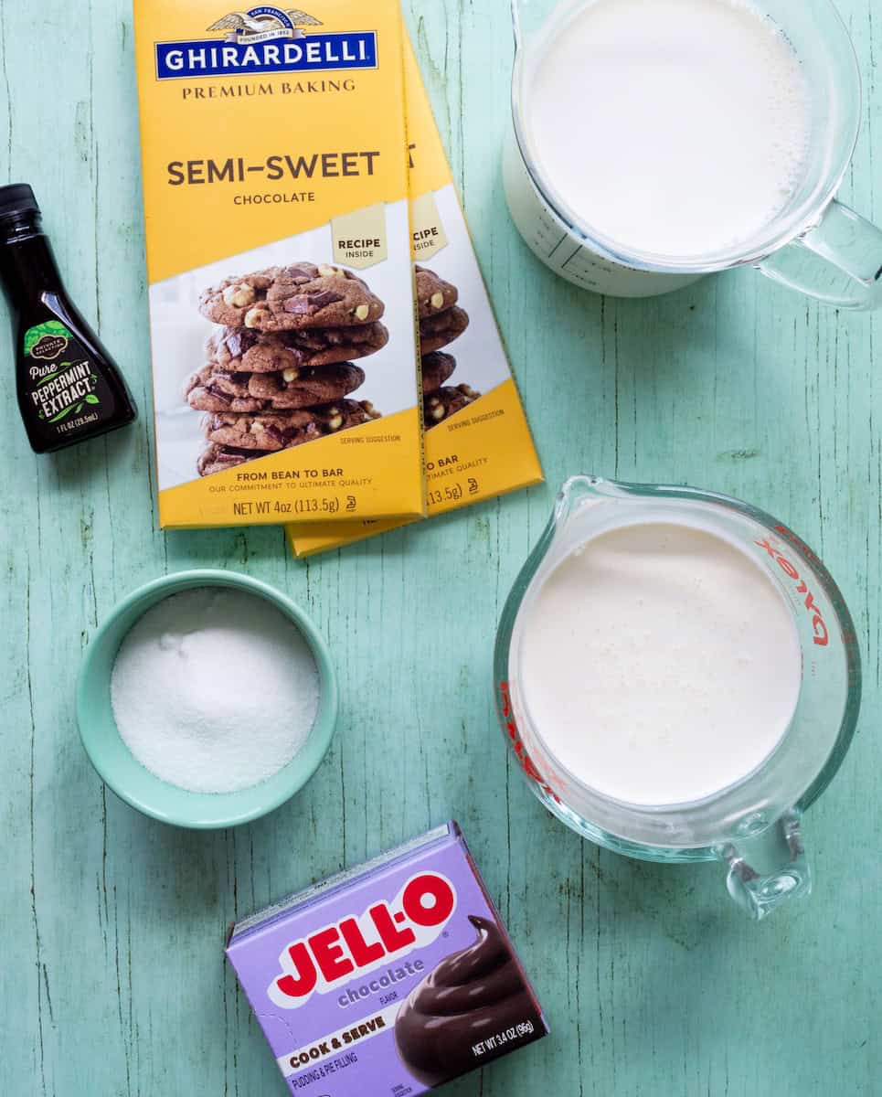 Ingredients for chocolate mint chocolate chip ice cream.