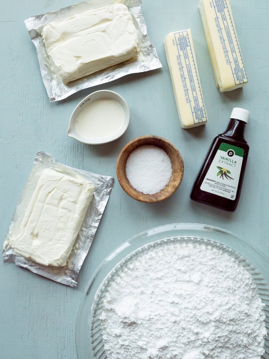 Ingredients for double-batch cream cheese frosting.