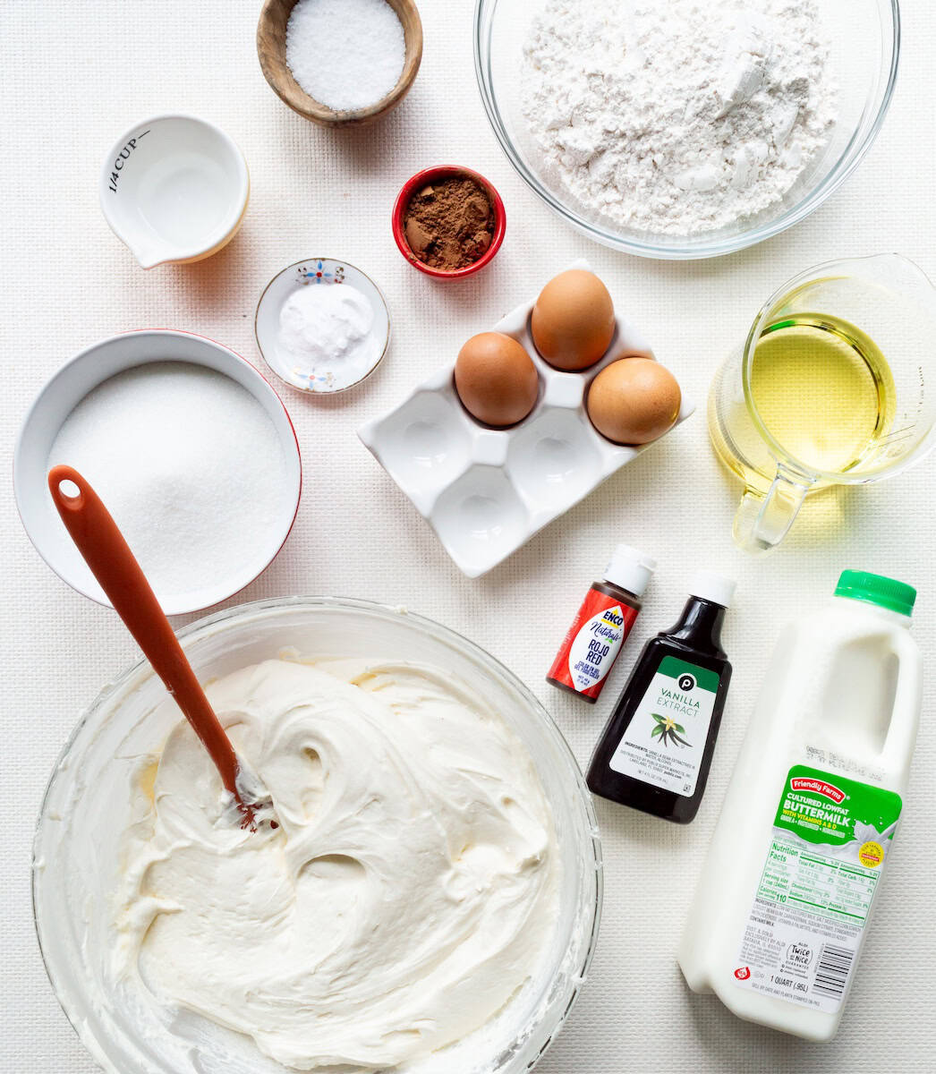 Ingredients for red velvet cake birthday cake.