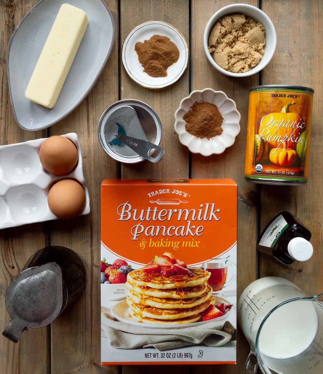Ingredients for pumpkin pancakes with Trader Joe's buttermilk pancake mix.