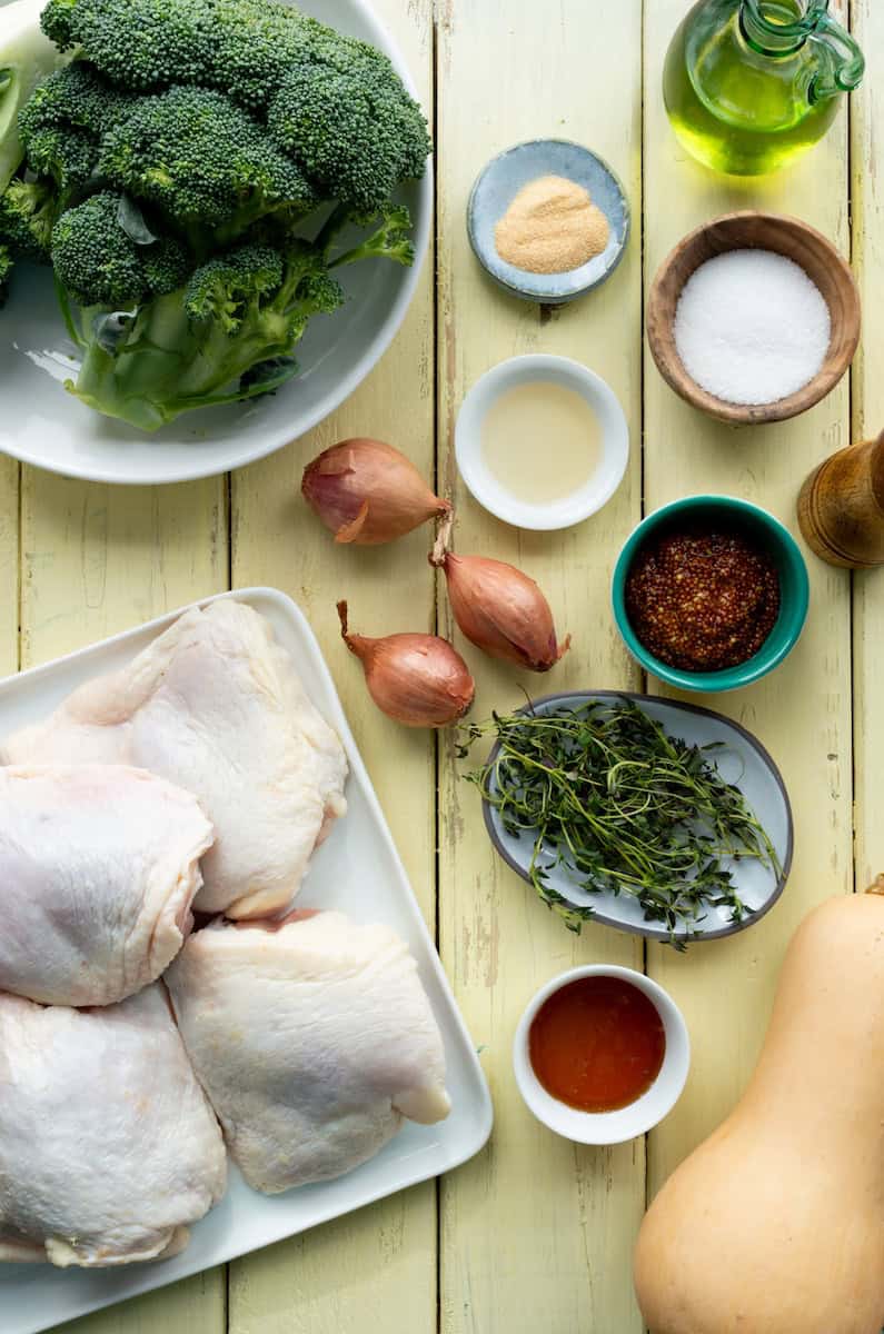 Ingredients for sheet pan chicken thighs with honey mustard glaze.