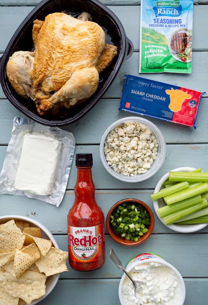 Ingredients for Franks red hot buffalo chicken dip with cottage cheese.
