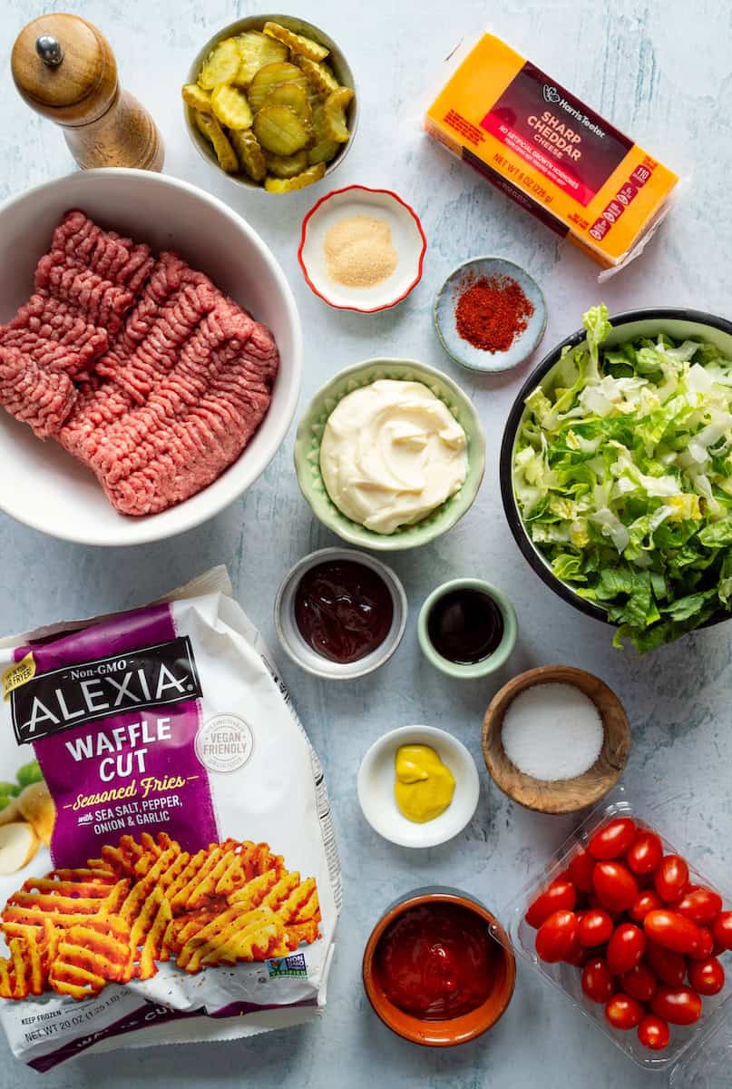 Ingredients for hamburger bowls with special sauce.