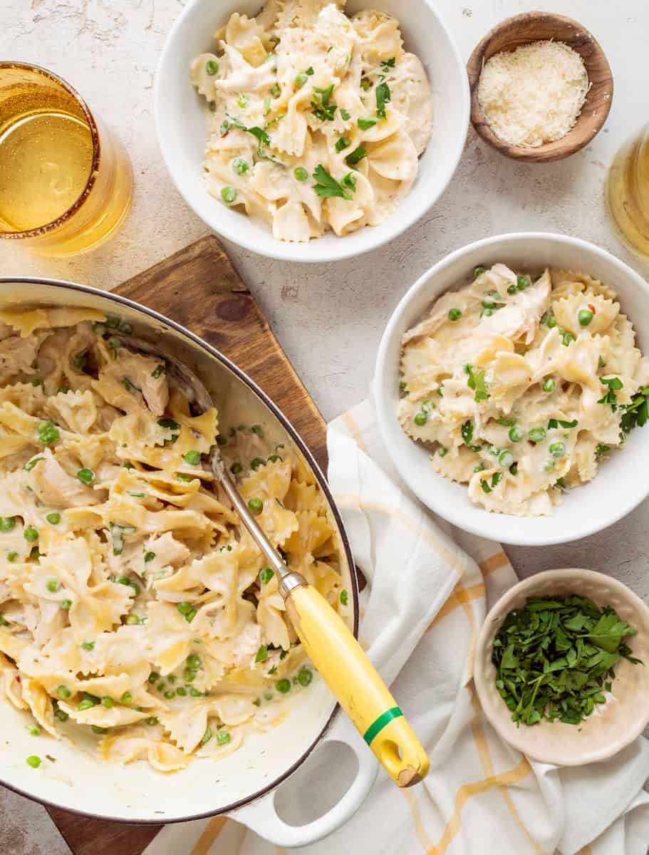 Creamy boursin lemon pasta with chicken and peas.