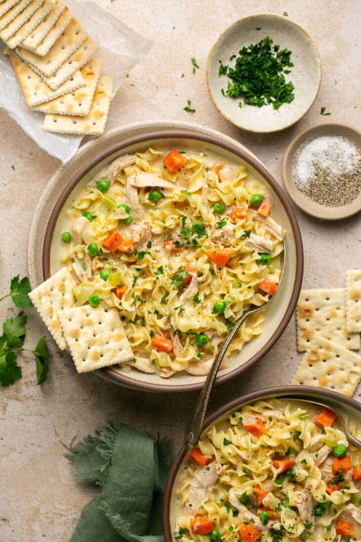 Creamy chicken noodle soup.