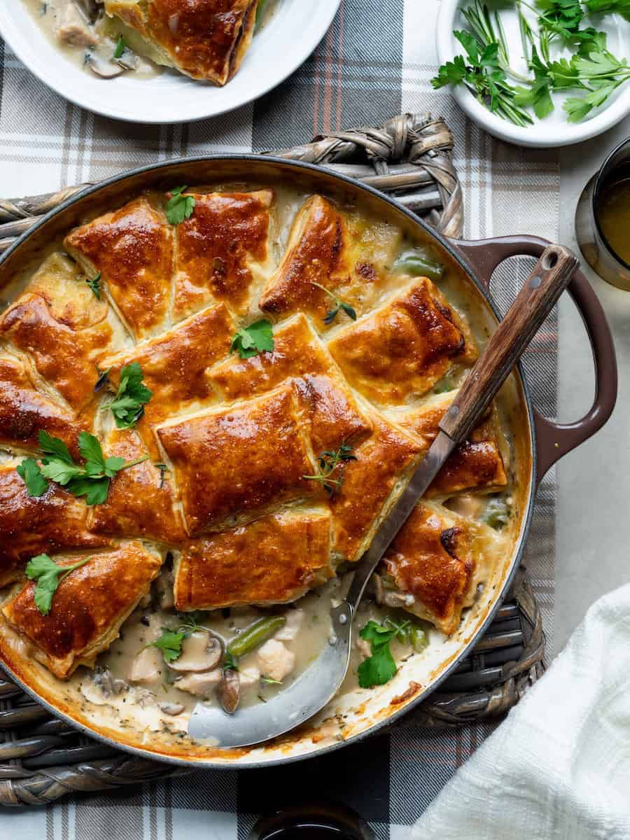 Patchwork turkey pot pie with puff pastry crust.