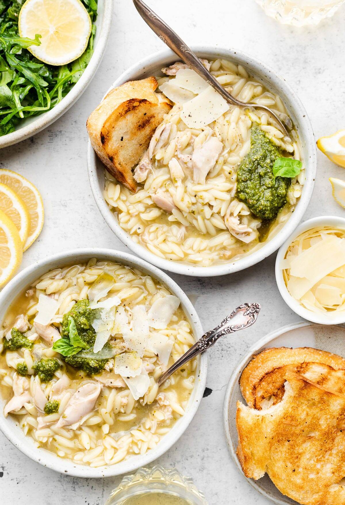 Pesto chicken orzo soup.