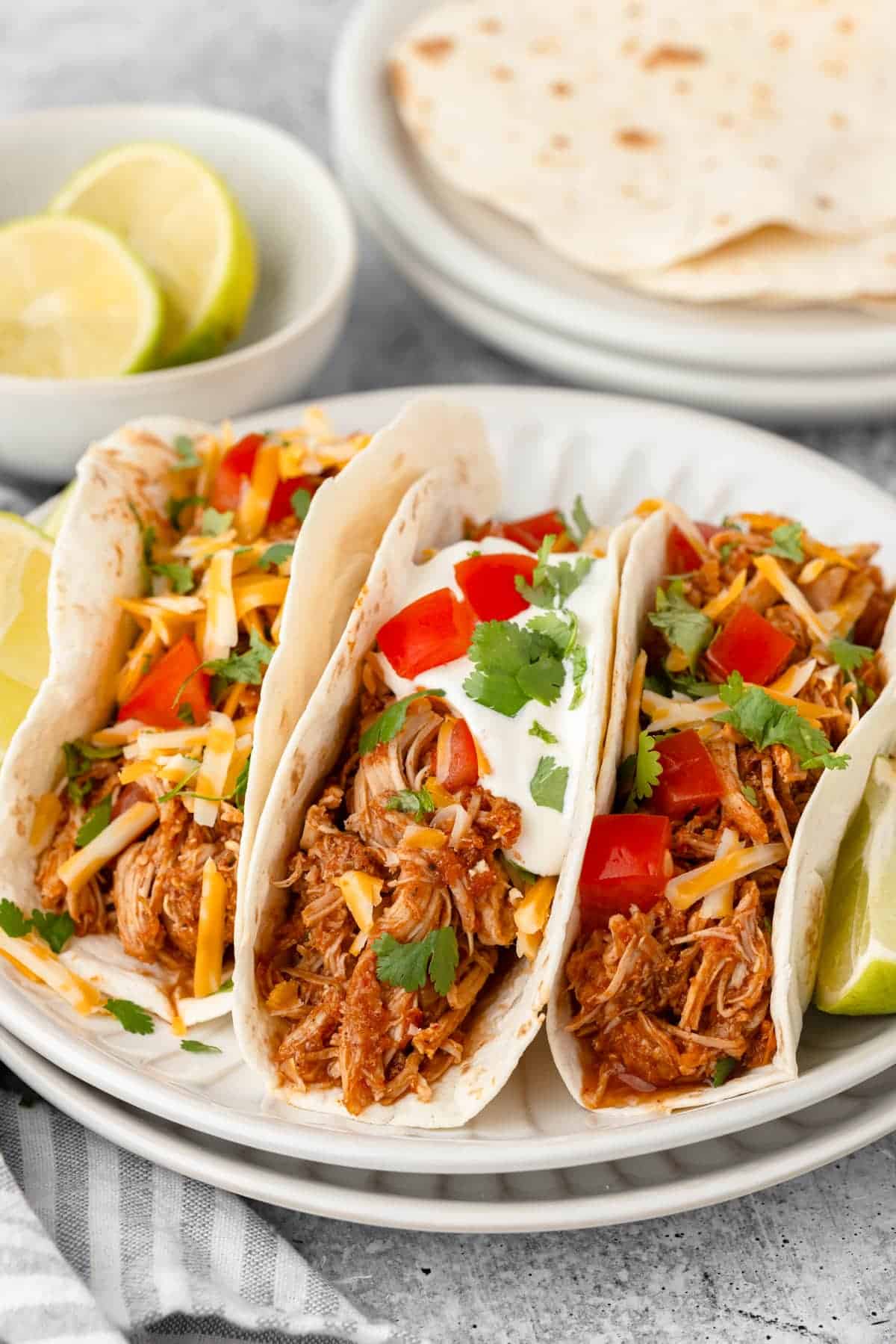 Shredded chicken tacos.