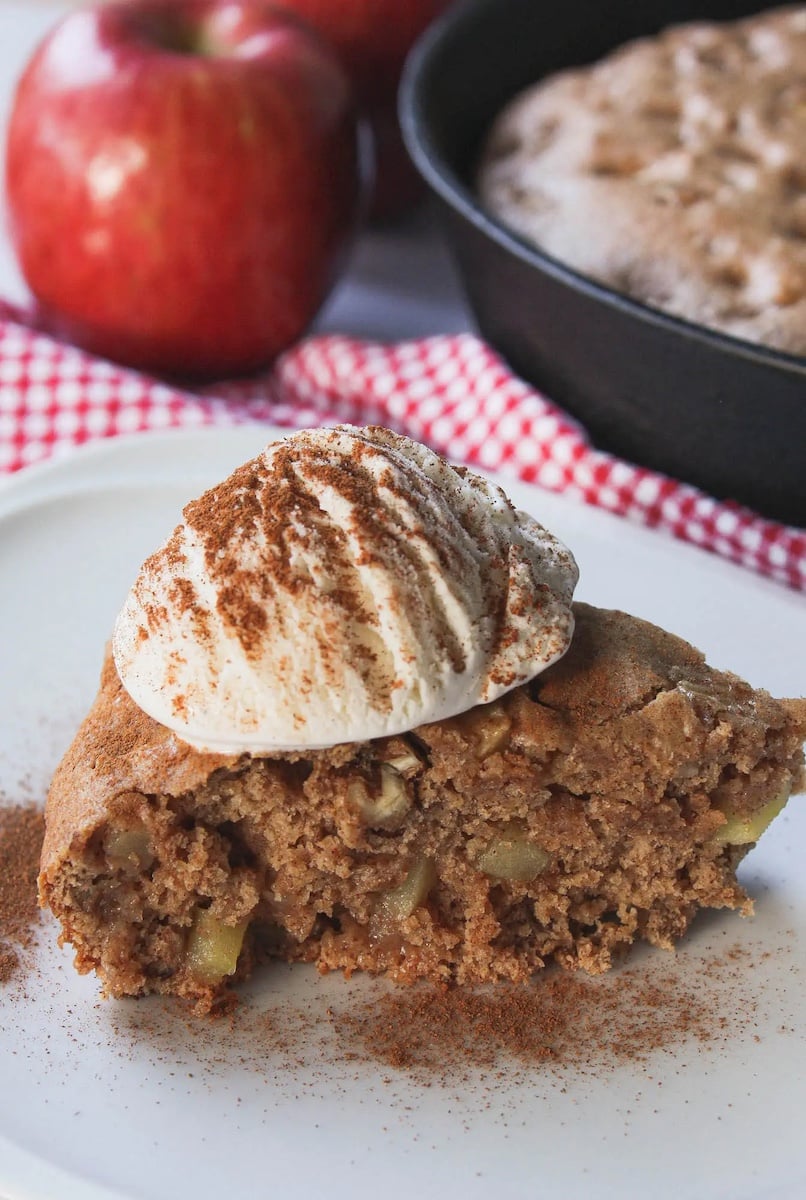 A slice of apple skillet cake with a scoop of vanilla ice cream on top.