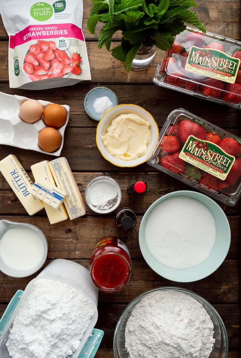 Ingredients for fresh strawberry layer cake with strawberry filling.