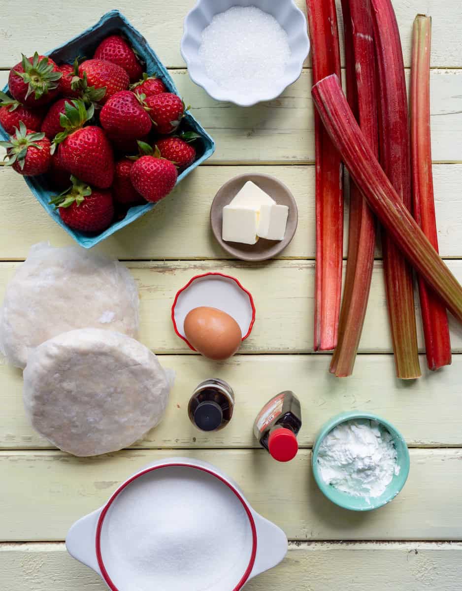 Ingredients for old-fashioned strawberry rhubarb pie.