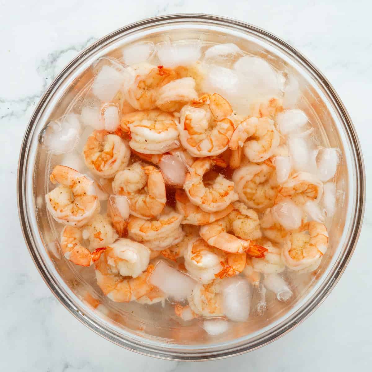 Cooked shrimp in an ice water bath.