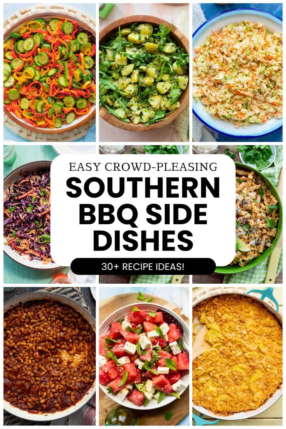 A collage of Southern BBQ side dishes, with the text "Easy Crowd-Pleasing Southern BBQ Side Dishes – 30+ Recipe Ideas!"