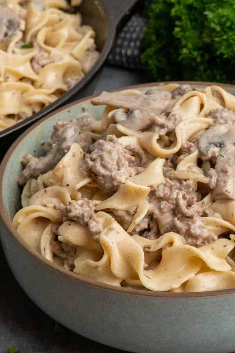 Ground beef stroganoff with egg noodles, mushrooms, and a creamy sauce served in a bowl.