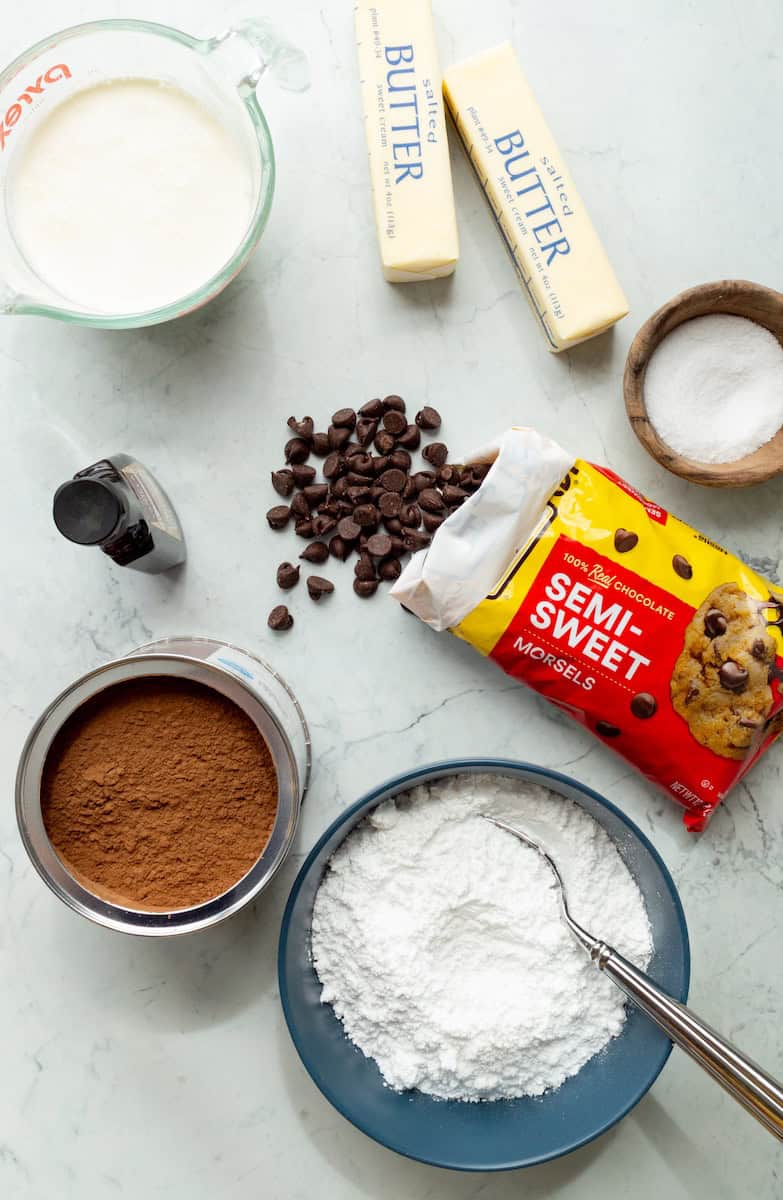 Ingredients for chocolate fudge frosting.