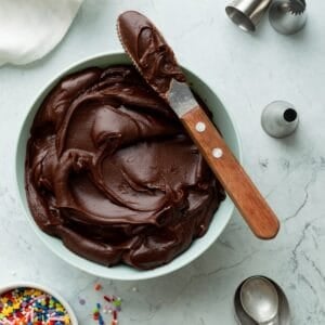 A bowl of rich chocolate fudge frosting with a wooden handled spreader, a bowl of multi colored sprinkles, measuring spoons, and pastry tips.