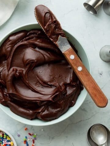 A bowl of rich chocolate fudge frosting with a wooden handled spreader, a bowl of multi colored sprinkles, measuring spoons, and pastry tips.