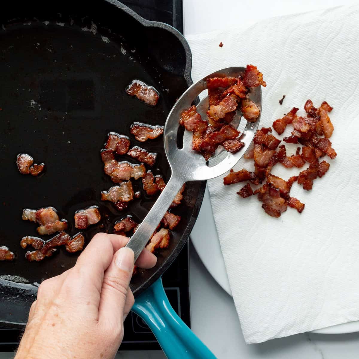 Removing chopped cooked bacon from a skillet to a paper towel lined plate.